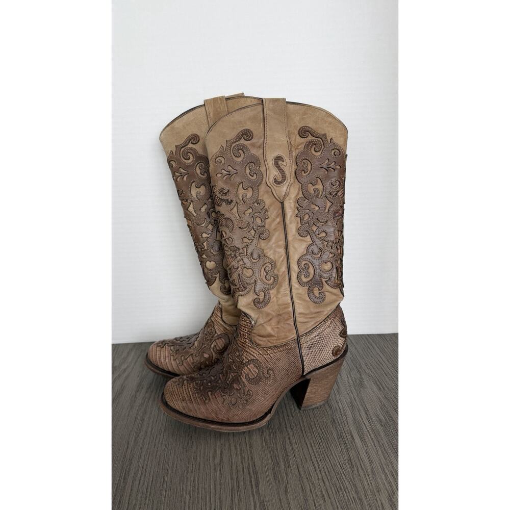 Cuadra Genuine Teju Lizard Cowboy Boots Women Brown Scroll Overlay Size 8 - Picture 10 of 11